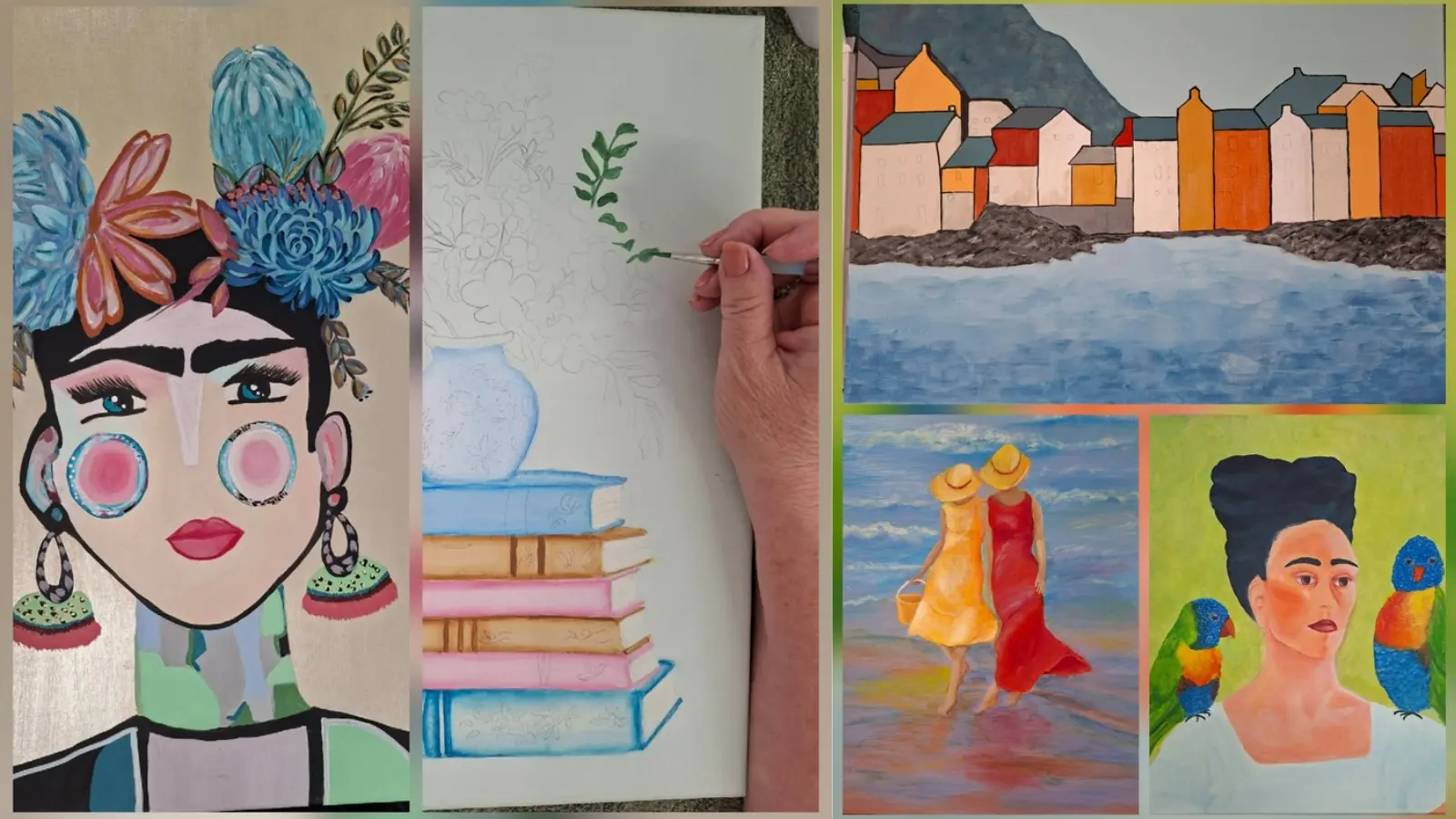 Five paintings from the class side by side: a portrait of a woman with blue and pink flowers in her hair, a part-finished drawing of a vase on a stack of books with a hand still working on it, a row of brightly coloured beach huts below a mountain, two women paddling at the shore in yellow and red dresses, and a woman with two rainbow lorikeets on her shoulders