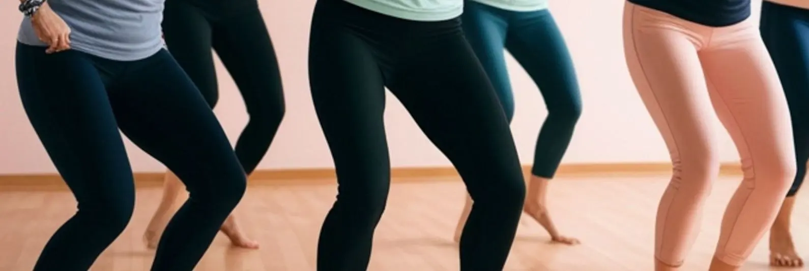 People in activewear dancing barefoot in a bright hall