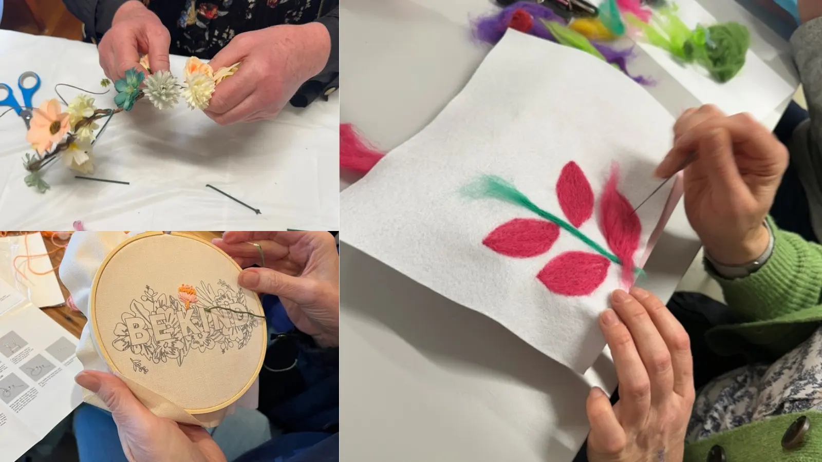 Three photographs of hands at work: threading silk flowers onto a wire crown, holding an embroidery hoop reading Be Kind, and needle-felting a pink and green leaf onto white felt