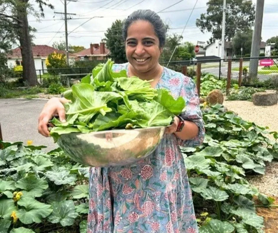 Someone standing in the garden holding a large metal bowl heaped with freshly picked spinach