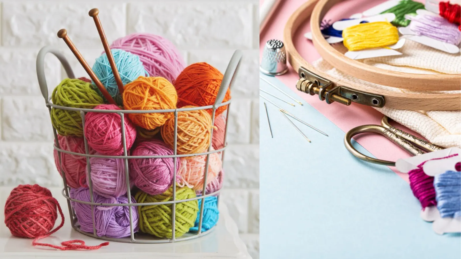 Two photographs side by side: a wire basket full of brightly coloured balls of wool with knitting needles standing in it, and an embroidery hoop with skeins of thread, scissors and a thimble