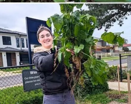 A volunteer standing by the garden sign holding up a large leafy plant, roots and all