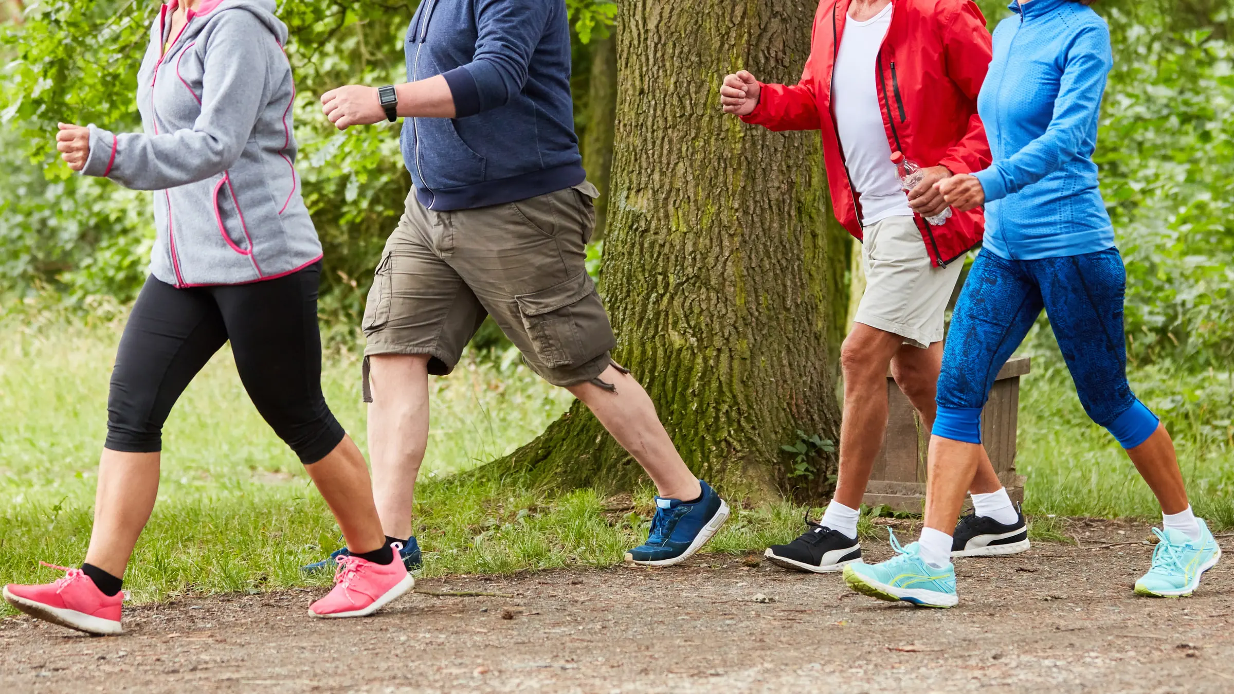Four people in bright activewear walking together along a dirt path past a large tree, shown from the shoulders down