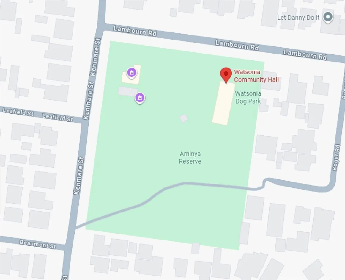 A street map with Watsonia Community Hall marked by a red pin, on Lambourn Road at the corner of Aminya Reserve, with Kenmare Street and the Watsonia Dog Park nearby